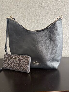 kate spade Black Leather Shoulder Hobo with Leopard-Print Wallet